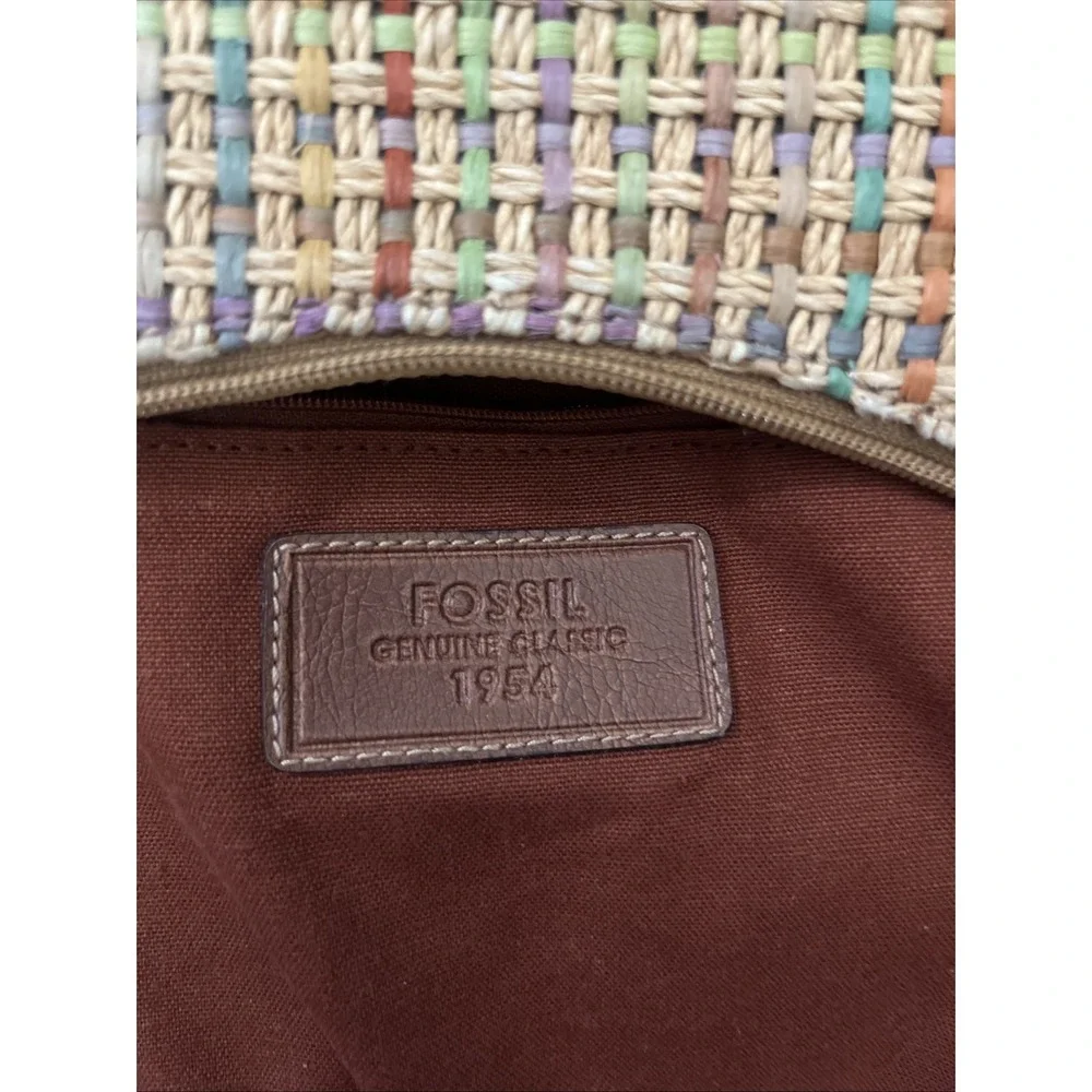 Fossil Straw Woven Hobo Bag Multicolor Leather Trim Summer Boho Purse